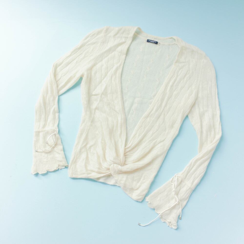 Magaschoni Cashmere Ivory Cable Knit Tie Front Cardigan Size XS Y2K Coquette